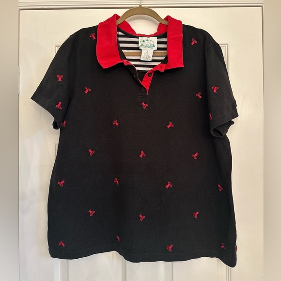 Quacker Factory Womens Polo 1X Plus Lobster Black Red Button Up Top Short Sleeve - Picture 1 of 7